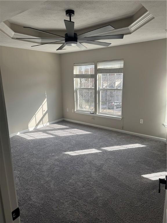 unfurnished room featuring carpet, ceiling fan, a raised ceiling, and a textured ceiling