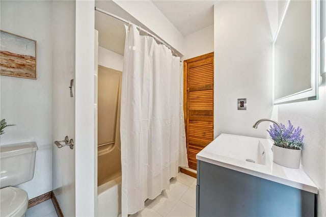 full bathroom with tile patterned floors, vanity, toilet, and shower / bath combination with curtain