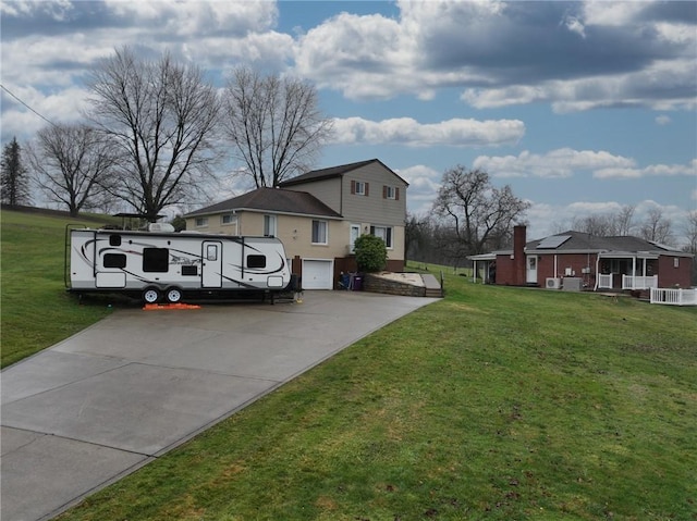 view of property exterior with a lawn and a garage