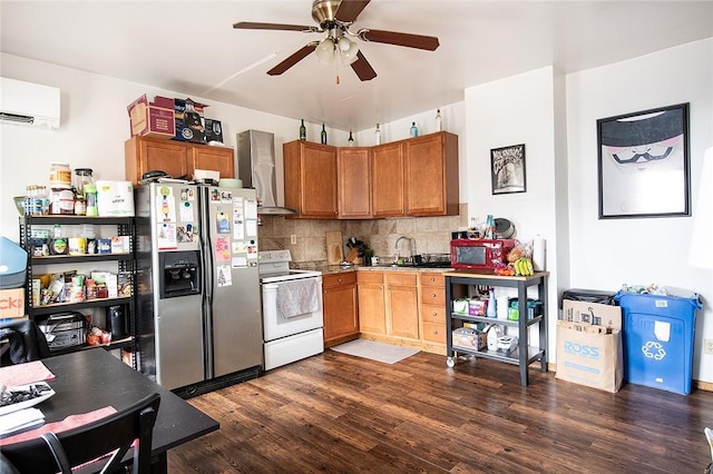 kitchen featuring backsplash, dark wood-type flooring, wall chimney exhaust hood, white electric range oven, and stainless steel fridge with ice dispenser