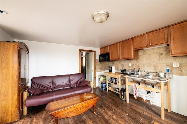 kitchen featuring dark hardwood / wood-style floors, sink, and backsplash