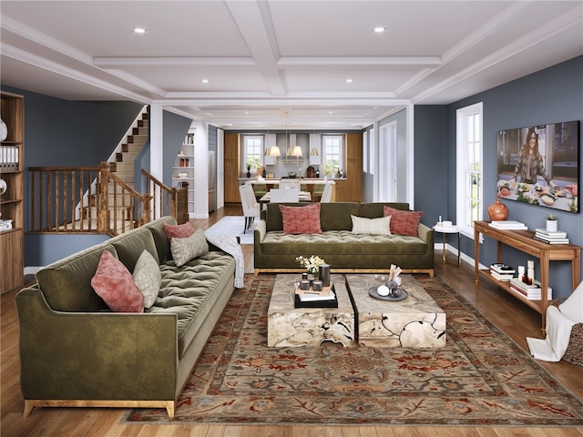 living room with beamed ceiling, dark hardwood / wood-style flooring, crown molding, and coffered ceiling