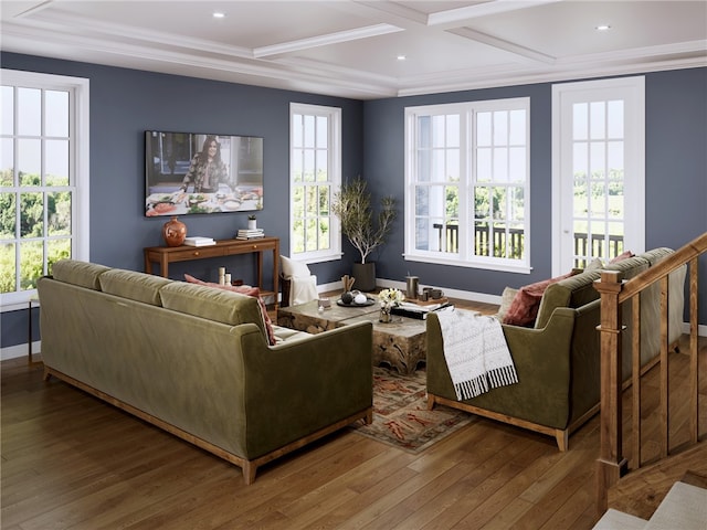 living room featuring ornamental molding, hardwood / wood-style flooring, and coffered ceiling