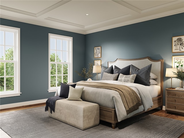 bedroom with hardwood / wood-style floors, ornamental molding, coffered ceiling, and multiple windows