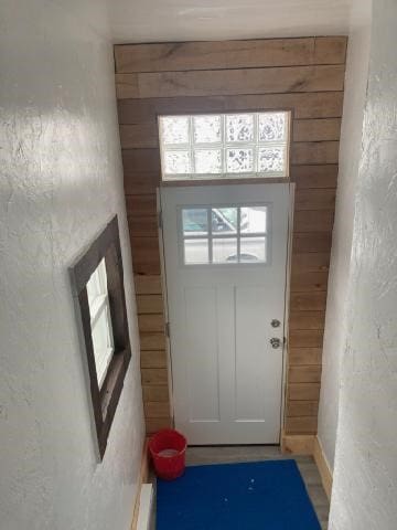 entryway featuring wooden walls