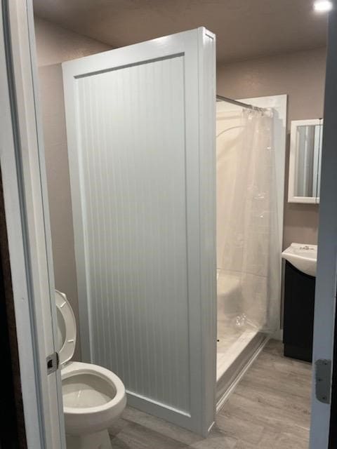 bathroom featuring wood-type flooring, toilet, vanity, and a shower with curtain