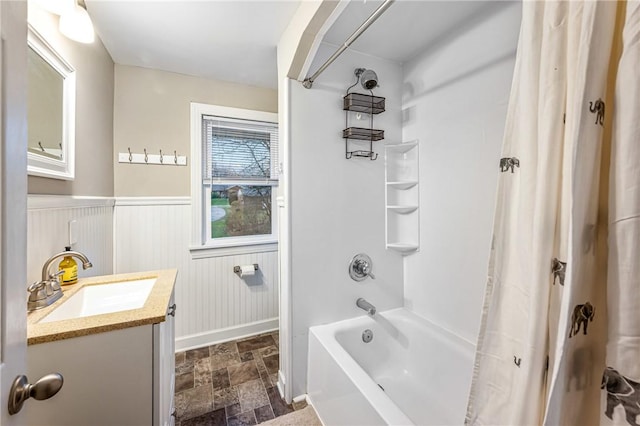 bathroom featuring shower / tub combo with curtain and vanity