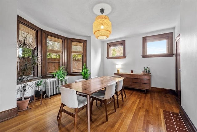 dining area featuring hardwood / wood-style flooring and radiator heating unit