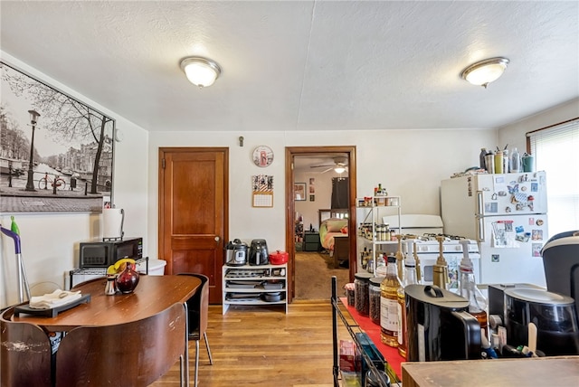 interior space with a textured ceiling, light hardwood / wood-style flooring, and ceiling fan