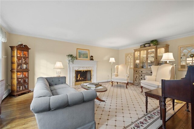 living room featuring light wood-type flooring, crown molding, and a premium fireplace