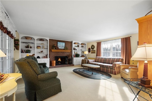 living room featuring a fireplace, built in features, and carpet