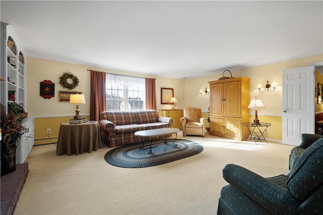 carpeted living room with a baseboard heating unit