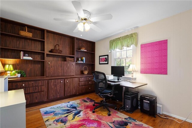 home office featuring ceiling fan, wooden walls, and light hardwood / wood-style flooring