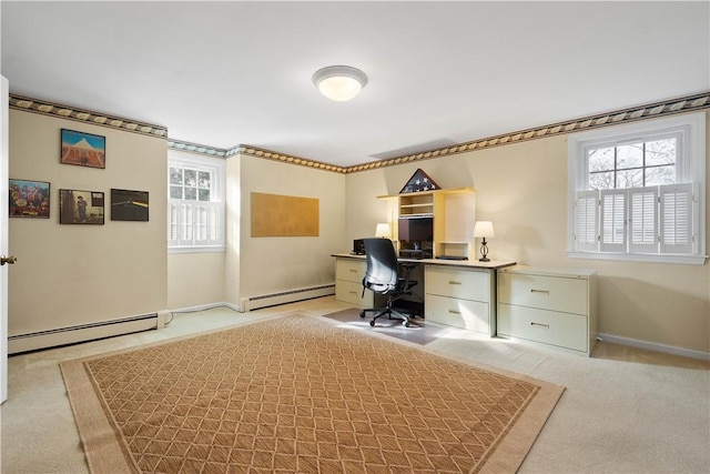 unfurnished office featuring light carpet and a baseboard radiator