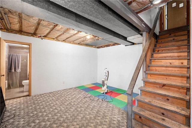 basement featuring carpet flooring