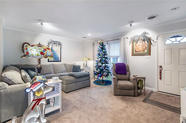 living room featuring carpet floors and crown molding