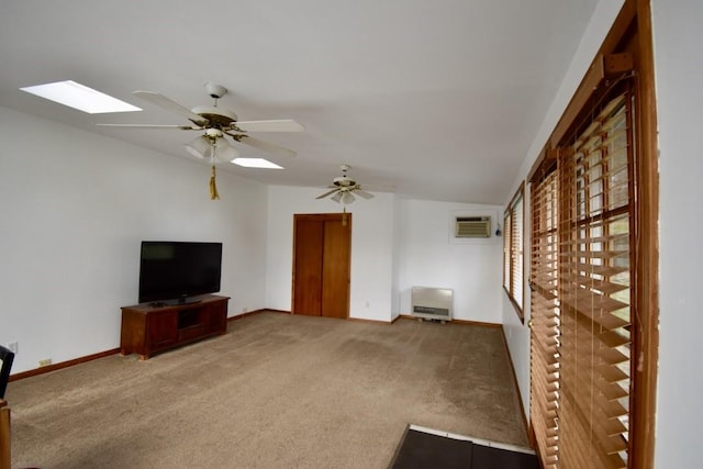 unfurnished living room with carpet, lofted ceiling, an AC wall unit, and heating unit