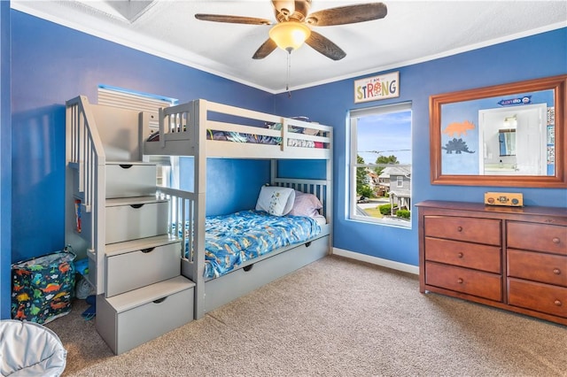 bedroom with ceiling fan and light carpet