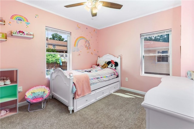 bedroom featuring carpet, ceiling fan, and ornamental molding