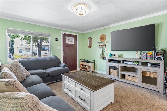 living room featuring light carpet and ornamental molding