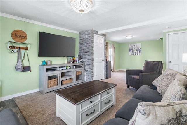 living room with carpet, beam ceiling, and ornamental molding