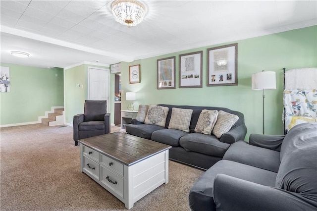 living room featuring crown molding, light colored carpet, and a notable chandelier