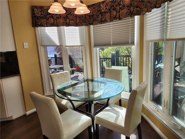 dining space with dark wood-type flooring