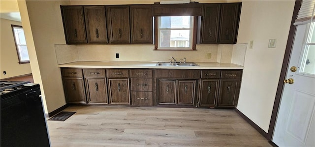 kitchen with a sink, light wood-style floors, dark brown cabinetry, light countertops, and decorative backsplash