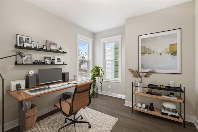 home office with dark wood-type flooring