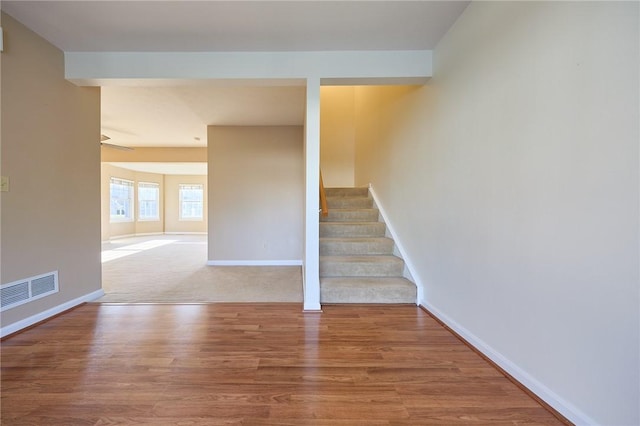 staircase with hardwood / wood-style floors