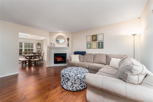 living room featuring dark wood-type flooring