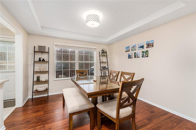 dining area featuring a raised ceiling, dark hardwood / wood-style flooring, and a wealth of natural light