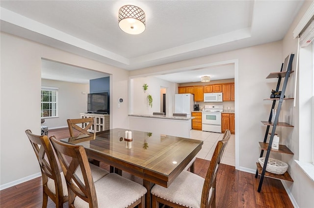 dining area with light hardwood / wood-style floors and a raised ceiling