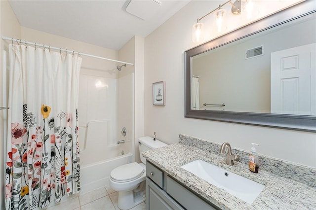 full bathroom featuring tile patterned flooring, vanity, shower / bath combination with curtain, and toilet