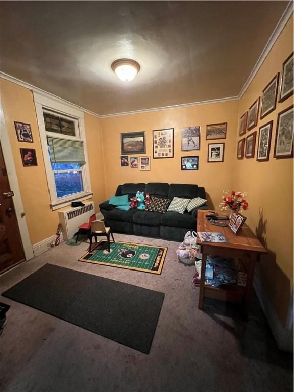 carpeted living room featuring ornamental molding