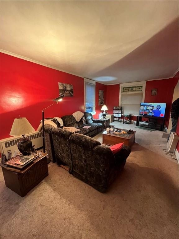 carpeted living room with crown molding