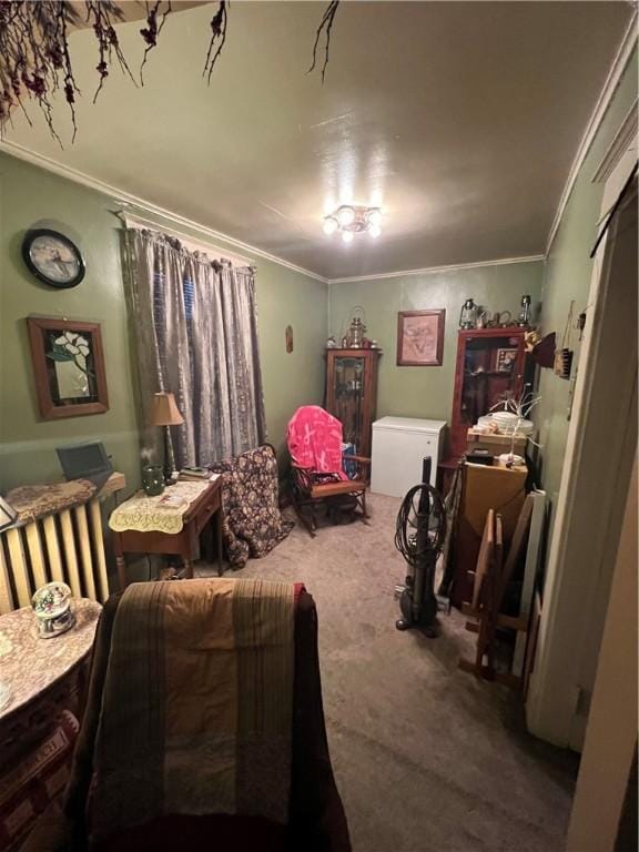 carpeted bedroom with ornamental molding
