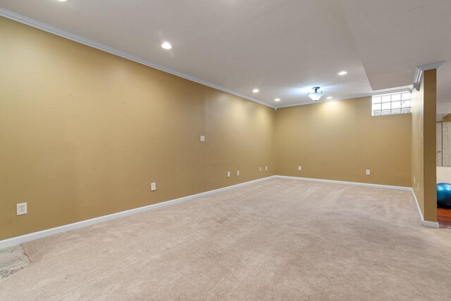 basement featuring light carpet and ornamental molding