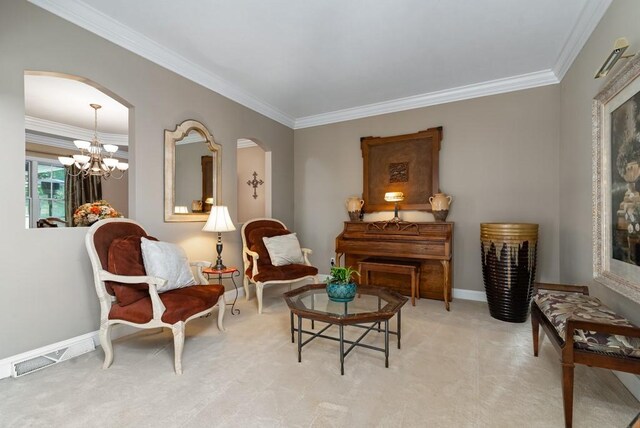 sitting room with light colored carpet, crown molding, and a chandelier