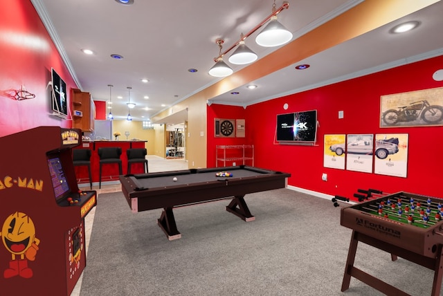 playroom with bar area, carpet flooring, pool table, and ornamental molding