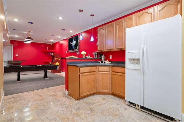 kitchen with white refrigerator with ice dispenser, sink, crown molding, billiards, and decorative light fixtures