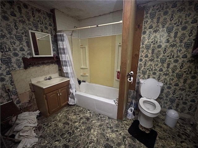 full bathroom with shower / bath combo, vanity, and toilet