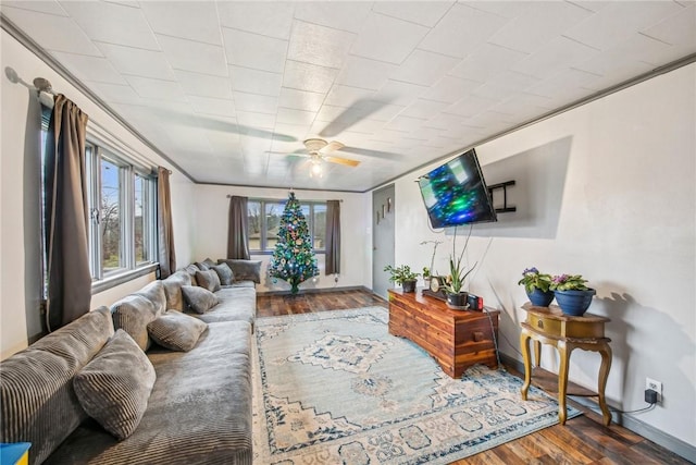 living room featuring hardwood / wood-style floors, ceiling fan, and ornamental molding