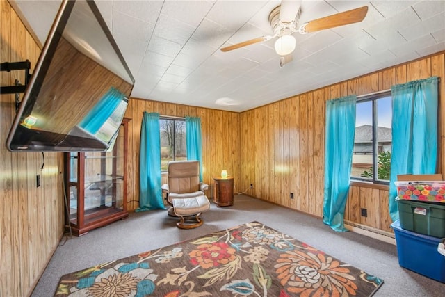 interior space featuring plenty of natural light, wood walls, and light carpet