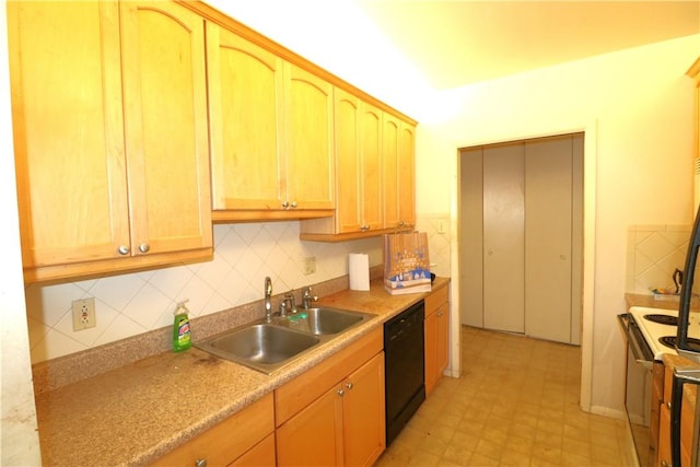 kitchen featuring light brown cabinetry, tasteful backsplash, white electric range oven, sink, and black dishwasher