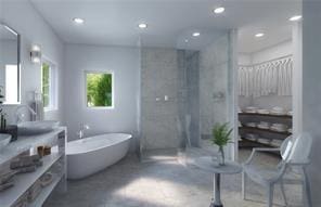 bathroom featuring vanity, concrete floors, and independent shower and bath