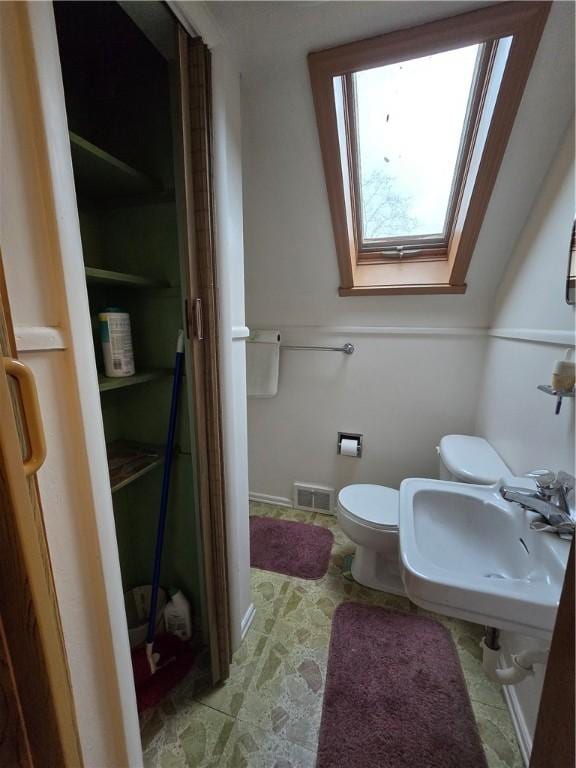 bathroom with toilet, sink, and a skylight