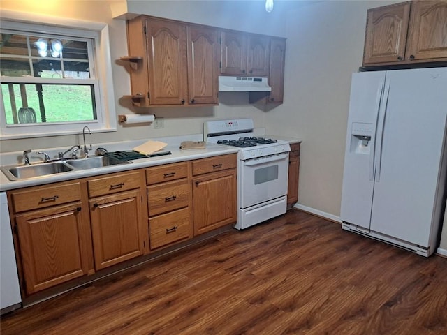 kitchen featuring dark hardwood / wood-style flooring, white appliances, and sink