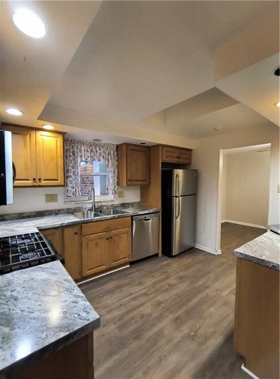 kitchen featuring dark hardwood / wood-style flooring, stainless steel appliances, and sink