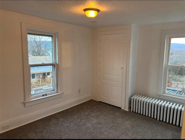 carpeted empty room with a textured ceiling and radiator